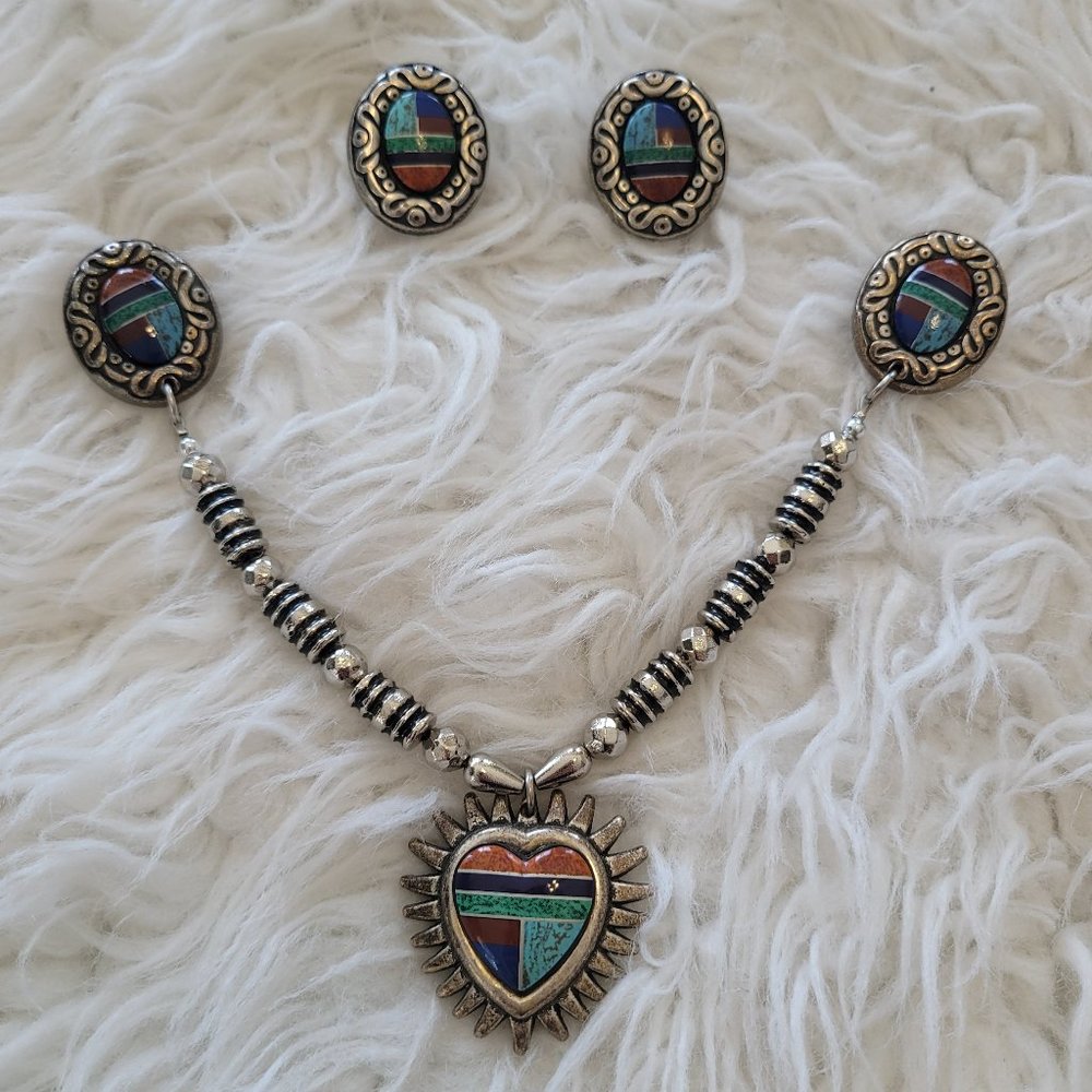 Fashion Unique Zuni Like Tribal Necklace Pendant Earrings Jewelry Set